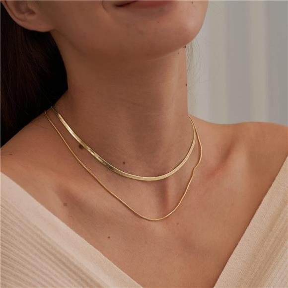 14K Gold Plated Snake Chain Necklace Set Herringbone Choker Necklaces Women - Picture 6 of 6